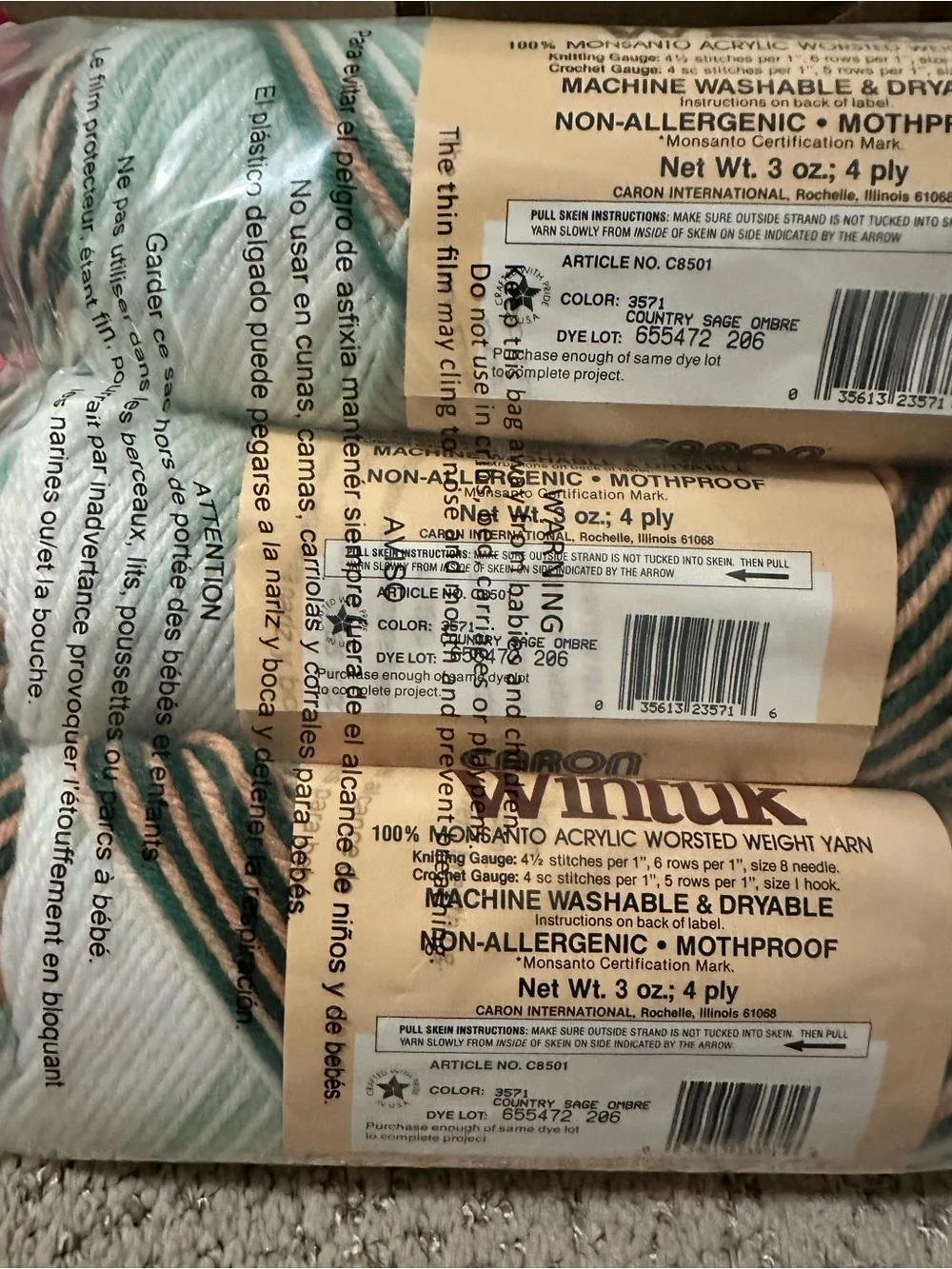 Caron Wintuk Acrylic Worsted Weight Yarn - Country Sage Ombre, 3 Skeins Same Dye